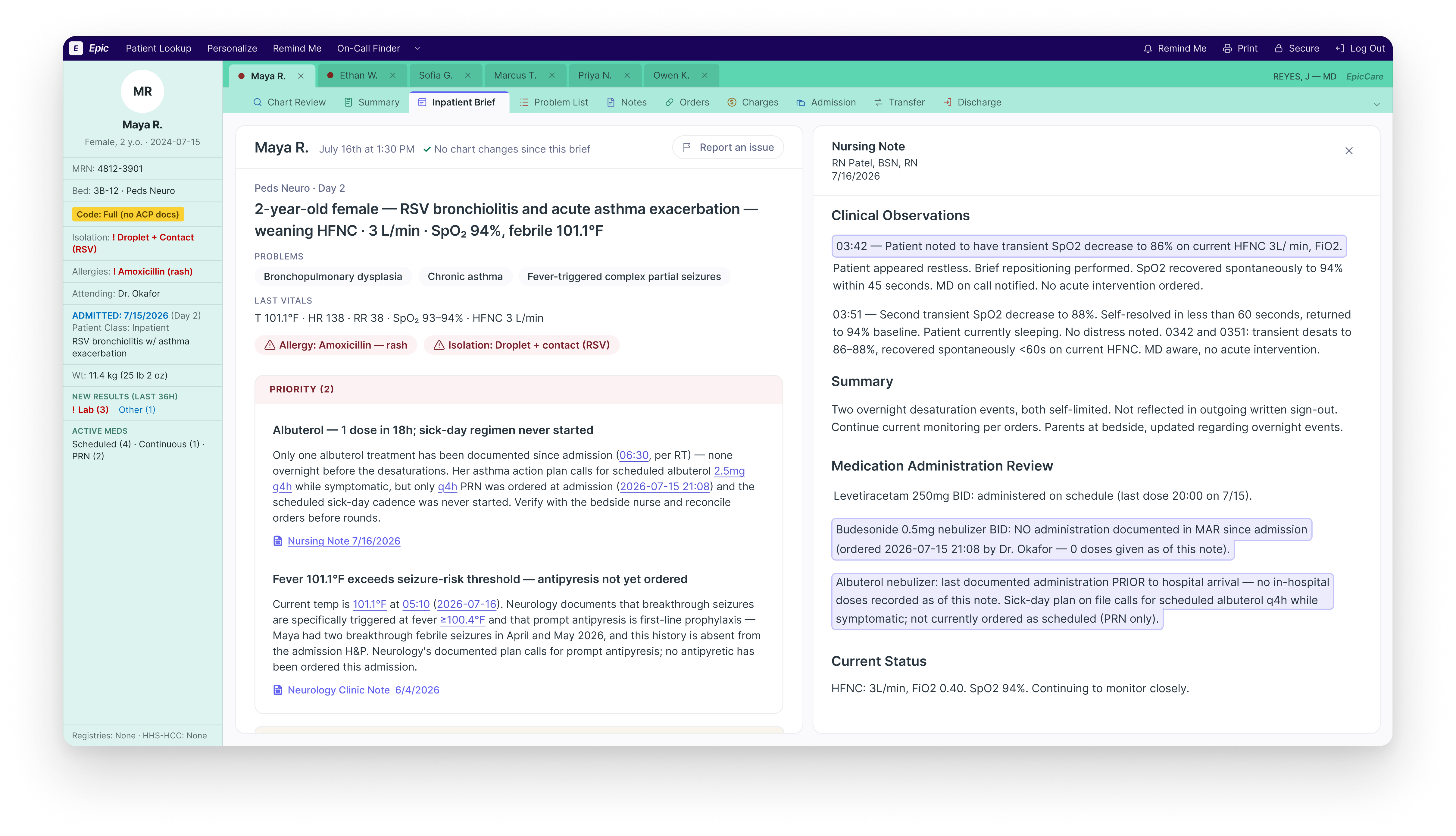 Inpatient Chart Brief presenting prioritized clinical context beside source documentation