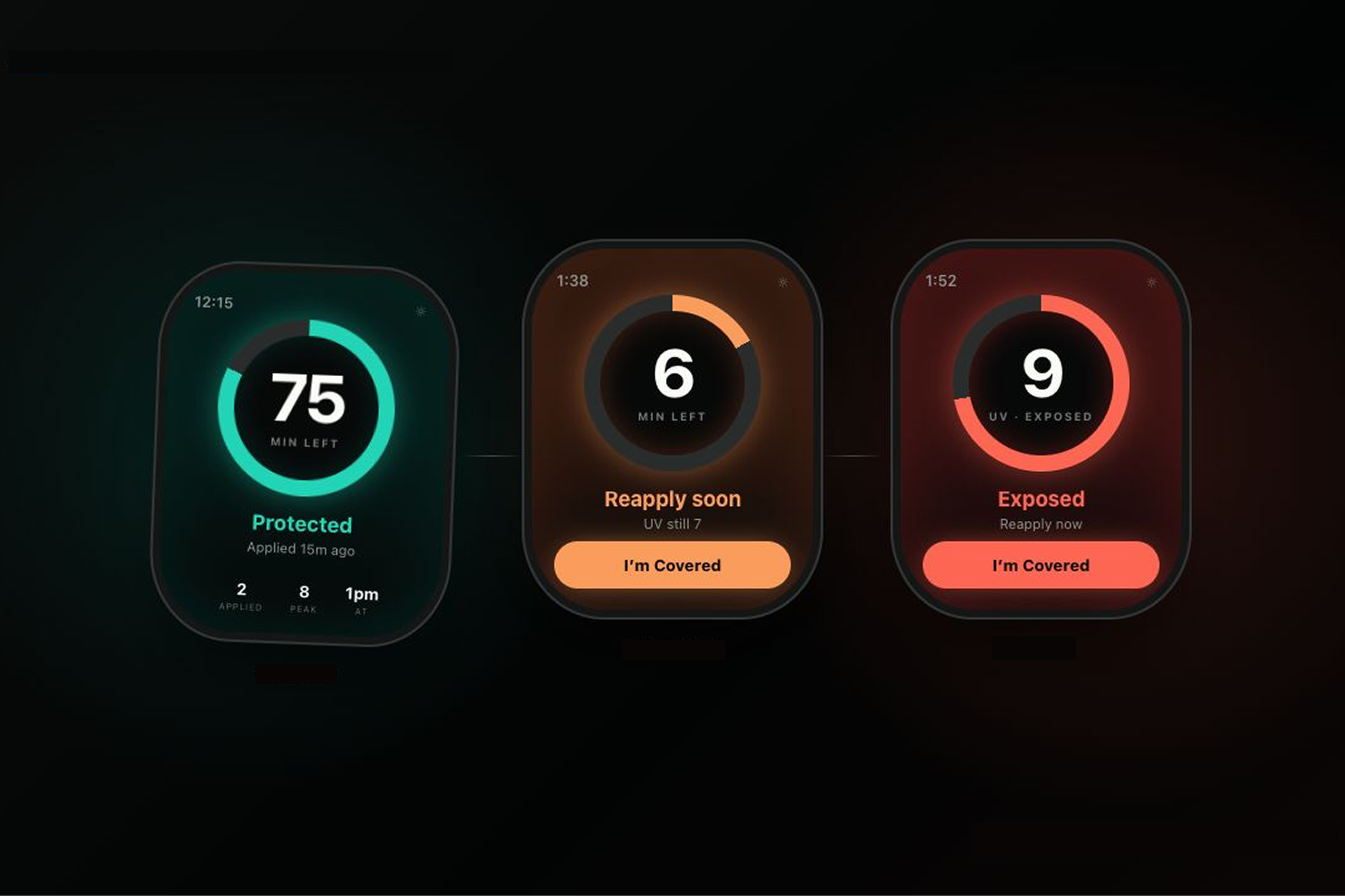 UV Companion showing live ultraviolet exposure and sunscreen protection timing on Apple Watch