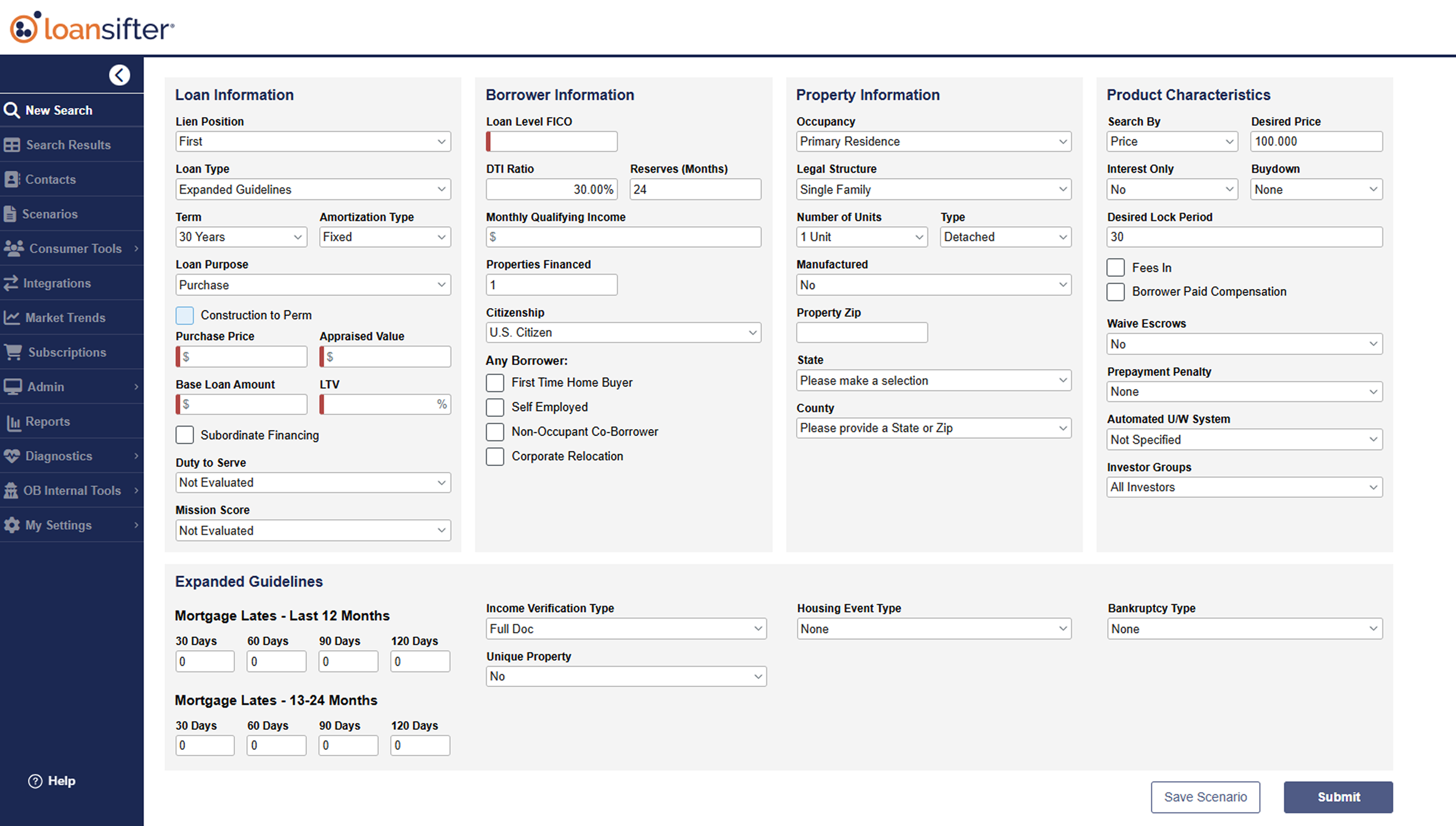 Loansifter desktop search form with 40+ fields across four columns