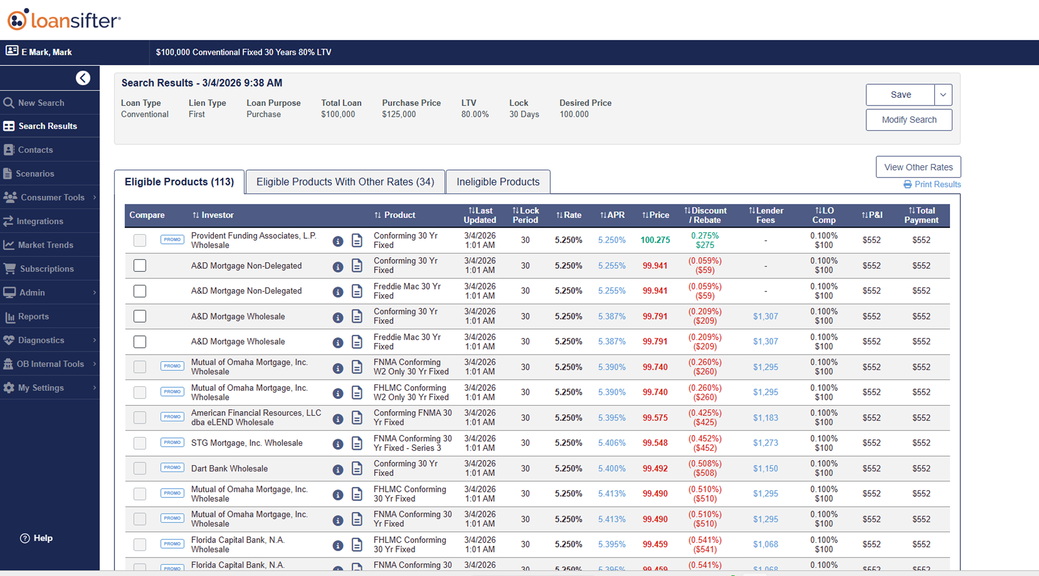 Loansifter desktop search results table with 15+ data columns