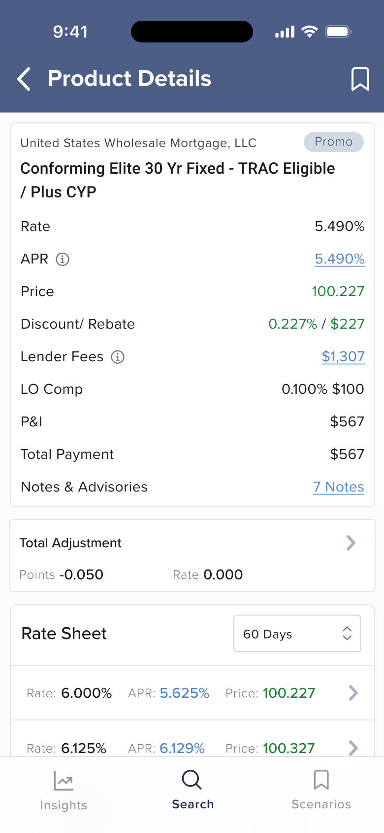 Product details view with complete pricing information and rate sheet