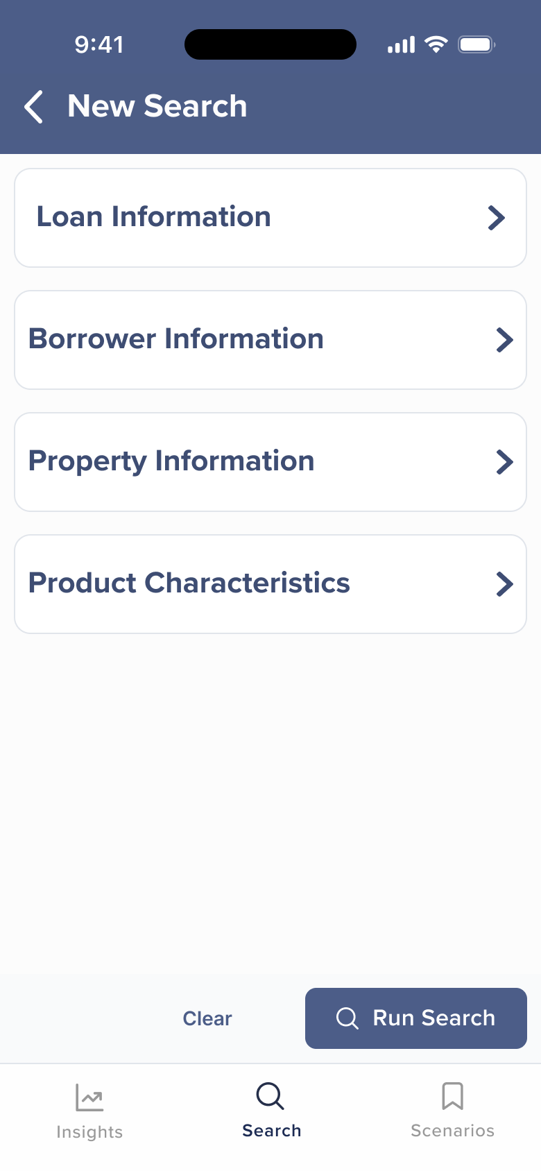 Search form with four collapsible categories: Loan, Borrower, Property, and Product